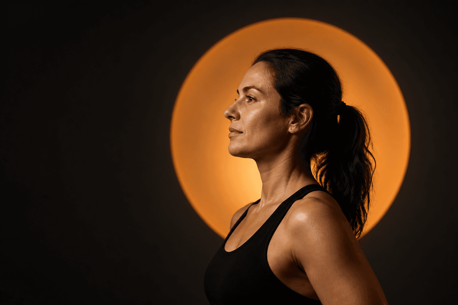 A woman in profile, illuminated by a warm circular light